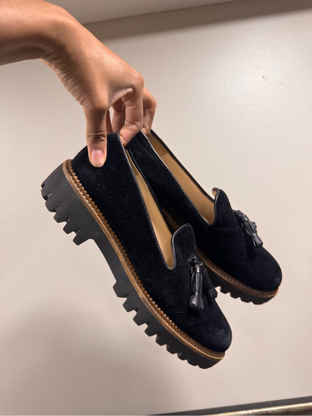 Black Suede Tassel Lug Loafers for Women